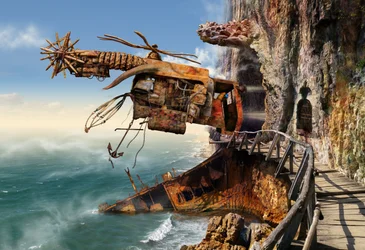 Verrostete Flugmaschine am Kliff