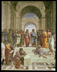 Die Schule von Athen, Detail (Platon, Aristoteles, Michelangelo als Heraklit und Diogenes)