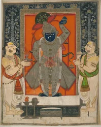 Priester verehren Krishna als Shrinathji für das Berg-der-Nahrung-Festival [Annakuta utsava]; Schreinbehang [pichhavai]