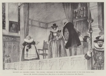 Beaumont und Fletchers Komödie, Der Geck, aufgeführt von der Elizabethan Stage Society in der Inner Temple Hall