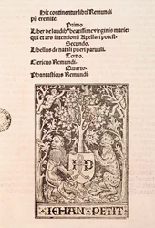 Seite des Kodex "De Laudibus Beatissimae Virginis Mariae" von Ramon Llull (1235-1315), zwei Löwen haltend das Wappen des Druckers Jehan Petit darstellend