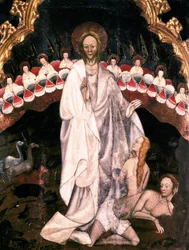 Die Erschaffung der Welt, darunter die Erschaffung Evas, Detail des Altars der Kirche San Sebastian de Guimera. Gemälde auf Holz von Ramon de Mur (1402-1412). Bischofsmuseum von Vic, Katalonien, Spanien