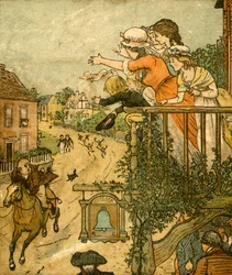 John Gilpin galoppiert am Bell Inn vorbei, während seine Frau und Kinder vom Balkon winken