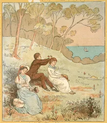 Zwei Frauen und ein Mann sitzen in einer Lichtung nahe der Küste.