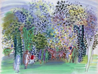 Pferde und Jockeys unter den Bäumen