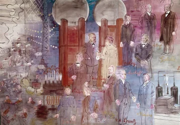 La Fée Électricité, Detail: Porträts von Johann Wilhelm Hittorf, Heinrich Geissler, Henry Moseley, Pierre Curie, Marie Curie, Dmitrij Mendeleev, Thomas Edison und Graham Bell. 1937