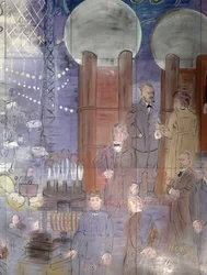 La Fée Électricité, Detail der linken Seite, Wissenschaftler darstellend
