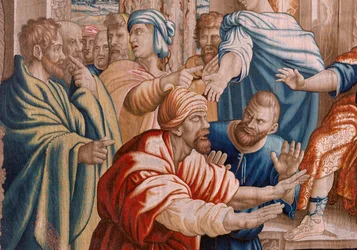 Flandrischer Wandteppich. Serie Taten der Apostel. Elymas wird blind. Siebter Wandteppich in der Serie. Modellzeichnung von Rafael Sanzio. Herstellung Jan Raes II, Brüssel. Ca. 1605-1629.