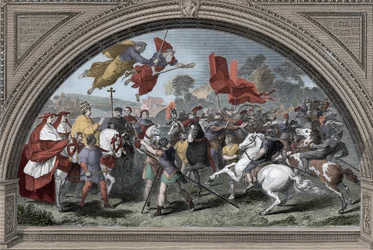 Darstellung von Papst Leo I., genannt der Große (390-461), im Angesicht des Hunnenführers Attila (ca. 395-453) im Jahr 452 in Mantua - Völkerwanderung - Papst Leo I. der Große trifft 452 den Hunnenkönig Attila (nach Raffael)