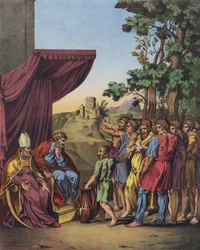 Josua leitet die Zuteilung der Ländereien Kanaans an die Stämme Israels