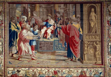 Leben der Apostel Petrus und Paulus: „die Bestrafung des Barjesu (Elymas) jüdischer Magier, der sich Paulus widersetzte und vorübergehend blind war“. Die Szene spielt vor dem römischen Prokonsul Lucius Sergius Paulus und dem heiligen Barnabas. Man kann die