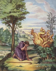 Moses und der brennende Dornbusch (Farblithografie)