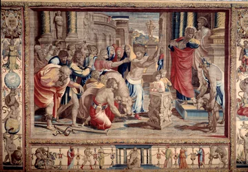 Das Opfer in Lystra - Leben der Apostel Petrus und Paulus: Paulus lehnt göttliche Ehren ab, nachdem er einen Invaliden geheilt hat, halten ihn die Einwohner für einen Gott und wollen Opfer bringen - Tapisserie nach Karton von Raffaello Sanzio (1483-1520)