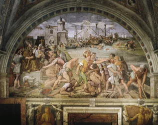 Oberlicht, freskiert von Raffaello Sanzio (1483-1520) und seinen Anhängern, Darstellung der Schlacht von Ostia, Stanza dell