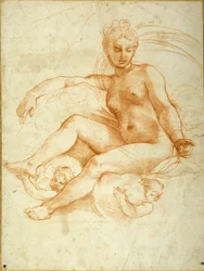 Venus sitzt auf Wolken und zeigt nach unten