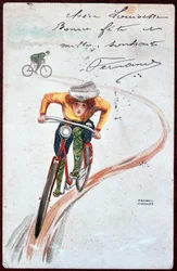 Postkarte einer Frau auf einem Fahrrad - Zeichnung von R. Kirchner, ca. 1900.