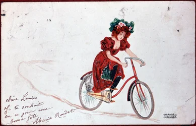 Postkarte einer Frau auf einem Fahrrad - Illustration von R. Kirchner, ca. 1900
