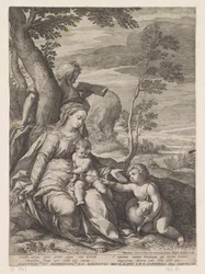 Heilige Familie bei einem Baum mit Johannes dem Täufer als Kind