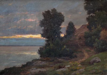 Weg am Ufer der Gironde-Mündung am Abend, Gewitterhimmel