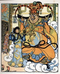 Aladdin, Prinzessin Badroulboudour und der Geist vor dem Körper des afrikanischen Magiers: Illustration für das Märchen 