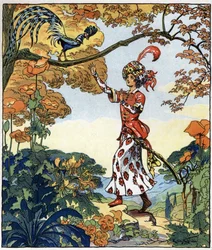 Parizade rannte zu dem Vogel und legte seine Hand darauf: Illustration für die Geschichte 