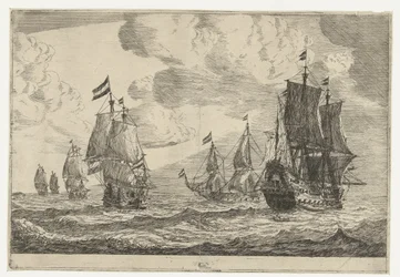 Sechs Segelschiffe auf offener See