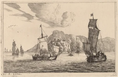 Hafenszene mit bergigem Hintergrund