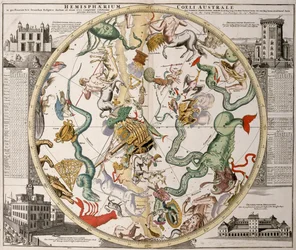 Teil einer südlichen Hemisphären-Sternkarte aus Reiner Ottens Atlas Maior (1730), mit dem Greenwich-Observatorium (links) und dem Rundturm-Observatorium in Kopenhagen (rechts)