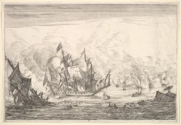 Seeschlacht mit einem englischen Schiff, das links untergeht, aus Seeschlachten Nieuwe Sc..., 1652-54