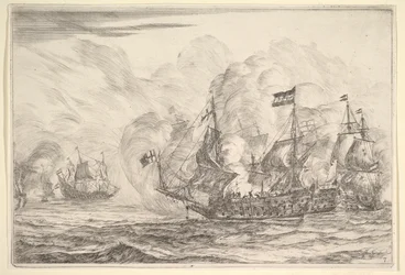 Seeschlacht mit drei Schiffen rechts, aus Seeschlachten Nieuwe Scheeps Bat..., 1652-54