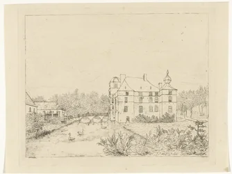 Seitenansicht von Schloss de Cannenburch mit Häusern bei der Zugangsbrücke