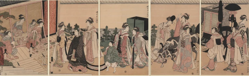 Mitate Prozession von Palastbediensteten, die in einer Villa ankommen