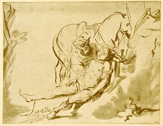 Der barmherzige Samariter untersucht den Verwundeten