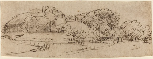 Landschaft mit Bauernhäusern zwischen Bäumen