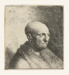 Glatzköpfiger Mann in einem Pelzmantel: Büste