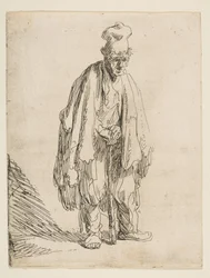 Bettler mit hoher Mütze, stehend und auf einen Stock gestützt, ca. 1629