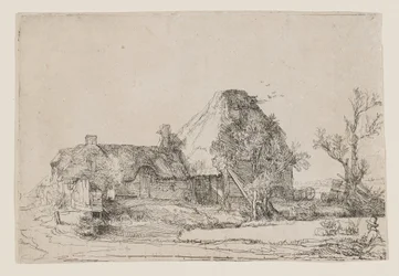 Hütte und Bauerngebäude mit einem zeichnenden Mann