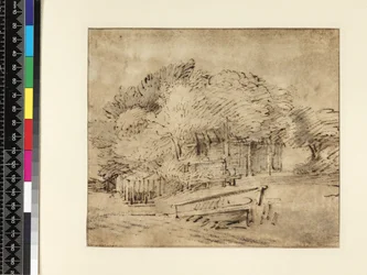 Bauernhaus unter Bäumen, mit einer Fußgängerbrücke, ca. 1650
