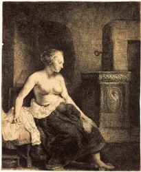 Halbnackte Frau an einem Ofen, 1658