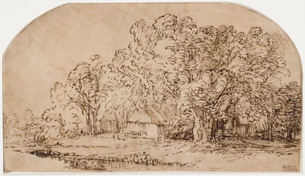 Landschaft mit Hütten unter hohen Bäumen ("Der Windstoß")