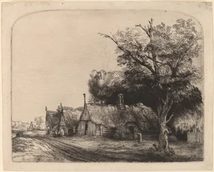 Landschaft mit drei giebeligen Hütten an einer Straße