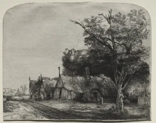 Landschaft mit drei giebelständigen Häusern an einer Straße