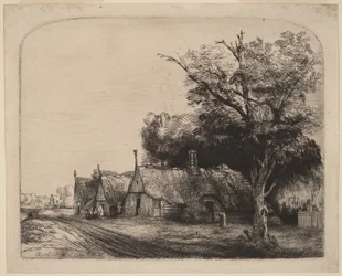 Landschaft mit drei Giebelhäusern an einer Straße
