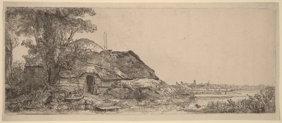 Landschaft mit einem Cottage und einem großen Baum