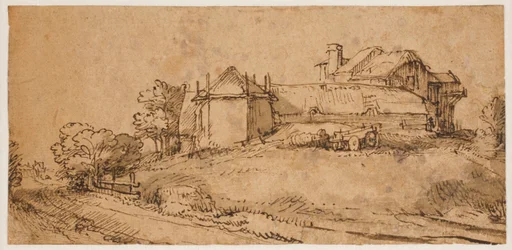 Landschaft mit einem Bauernhaus und einer Heuscheune