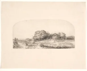 Landschaft mit Heuschober und Schafherde