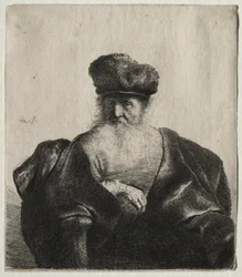 Alter Mann mit Bart, Pelzmütze und Samtumhang