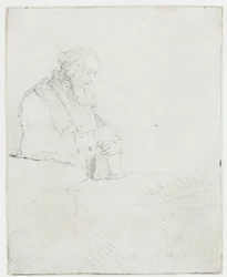 Alter Mann in Meditation, auf ein Buch gelehnt