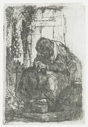 Alte Frau mit Zwiebeln, sitzend in einer Hütte