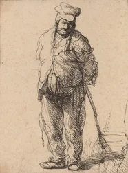 Zerlumpter Bauer mit hinter dem Rücken verschränkten Händen, der einen Stock hält, ca. 1630